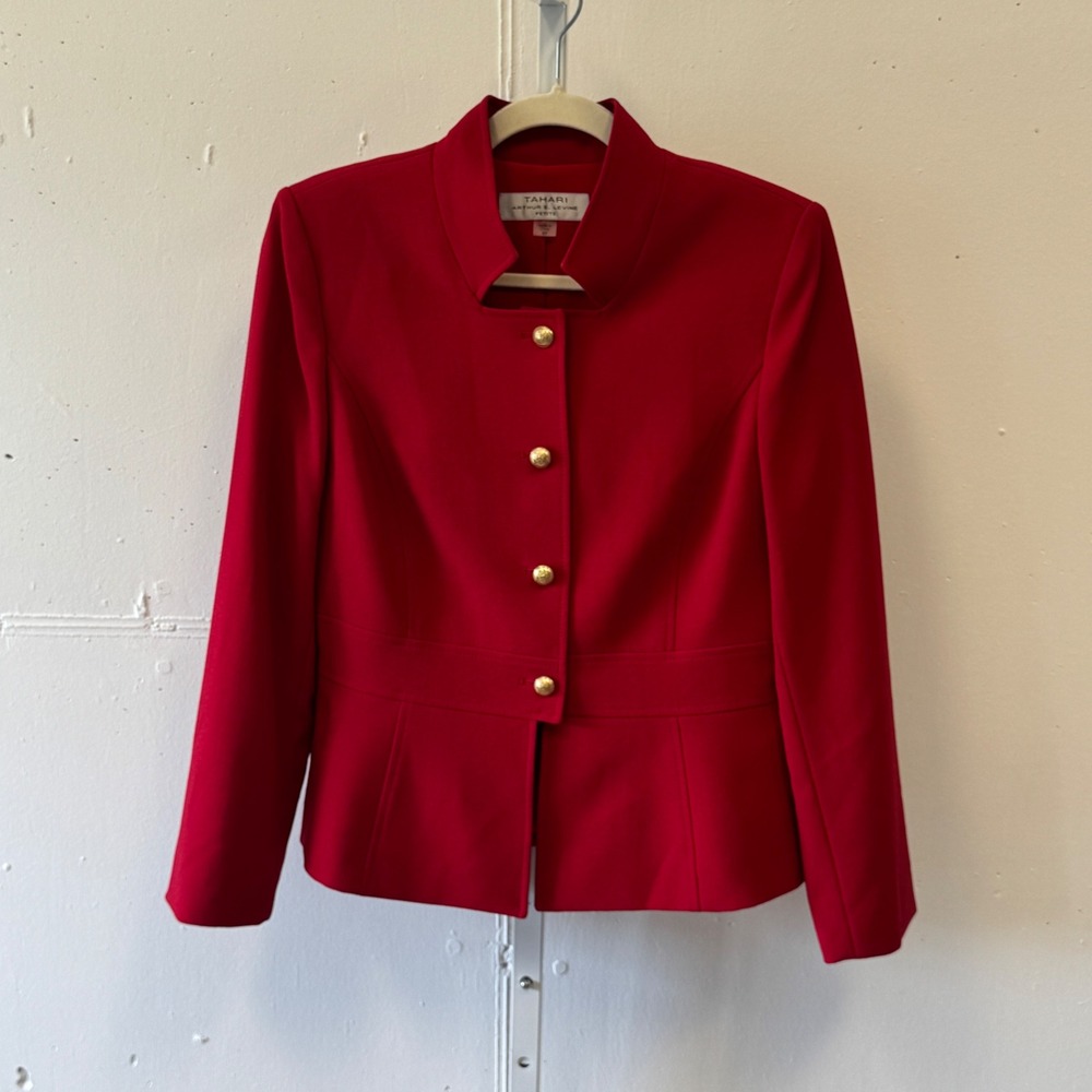 Tahari Arthur S. Levine Red Gold Button Stand Collar Blazer Jacket Petite 8P
